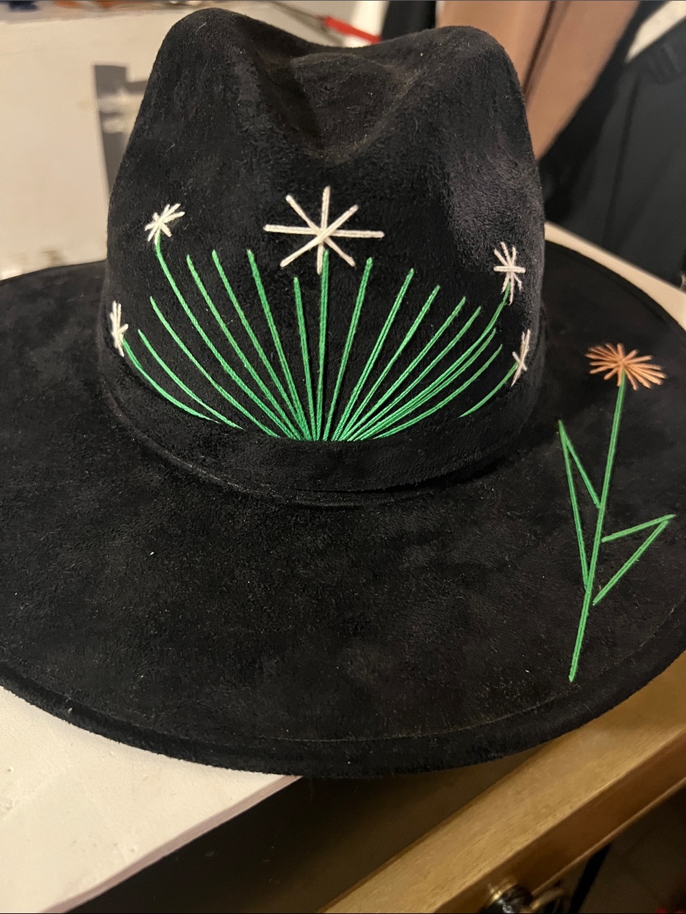 Hand-Embroidered Wide-Brim Fedora Hat - Floral Accent